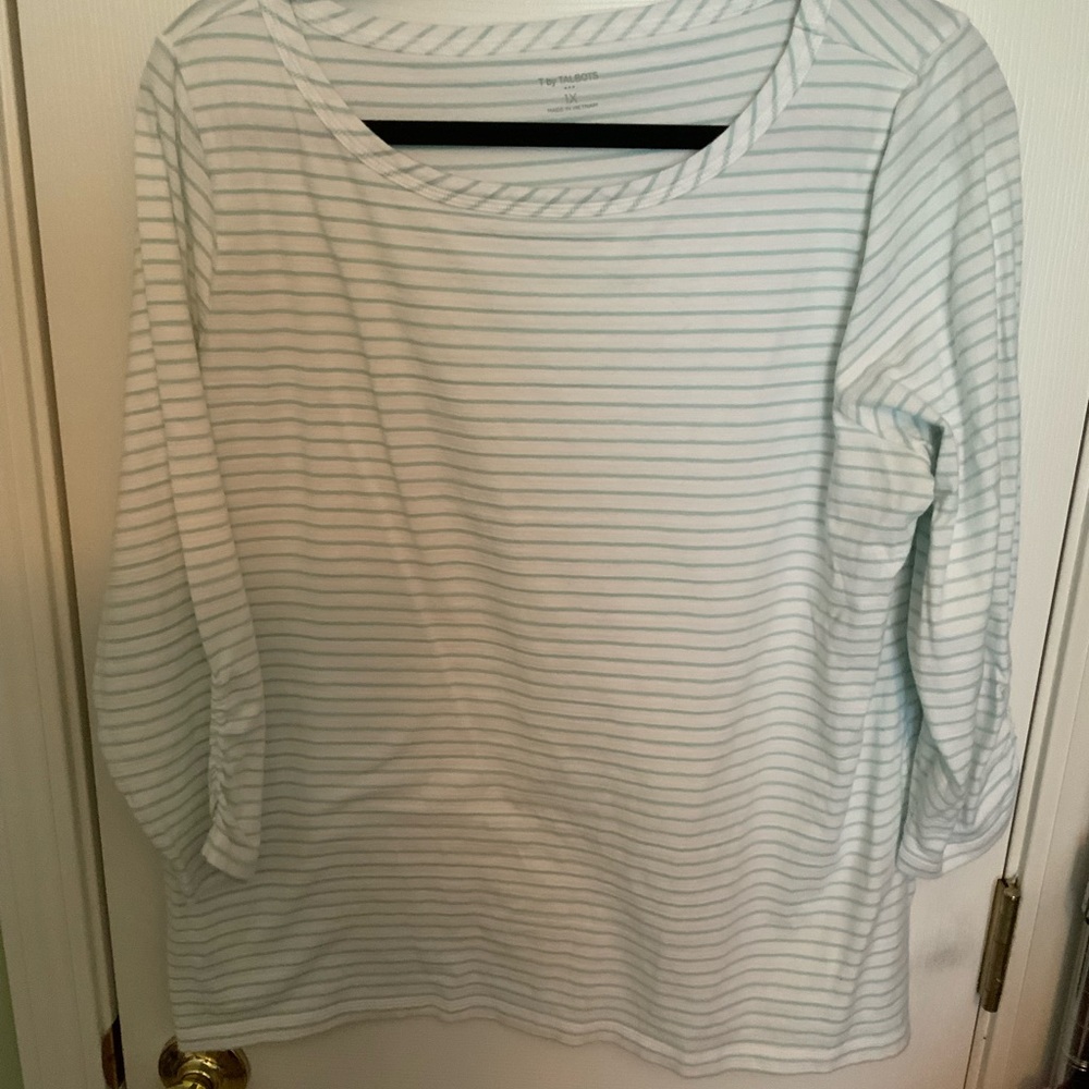 T by Talbots Women's Striped Top - White and Mint Green Size 1X